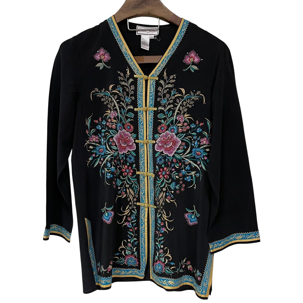 Vtg Diane Gilman Silk Floral Embroidered Sequin Frog Close Tunic Black Asian M